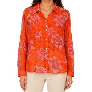 Sigrid Olsen Sport Sz PM Petite Medium Orange Floral Tropical Blouse Shirt Top